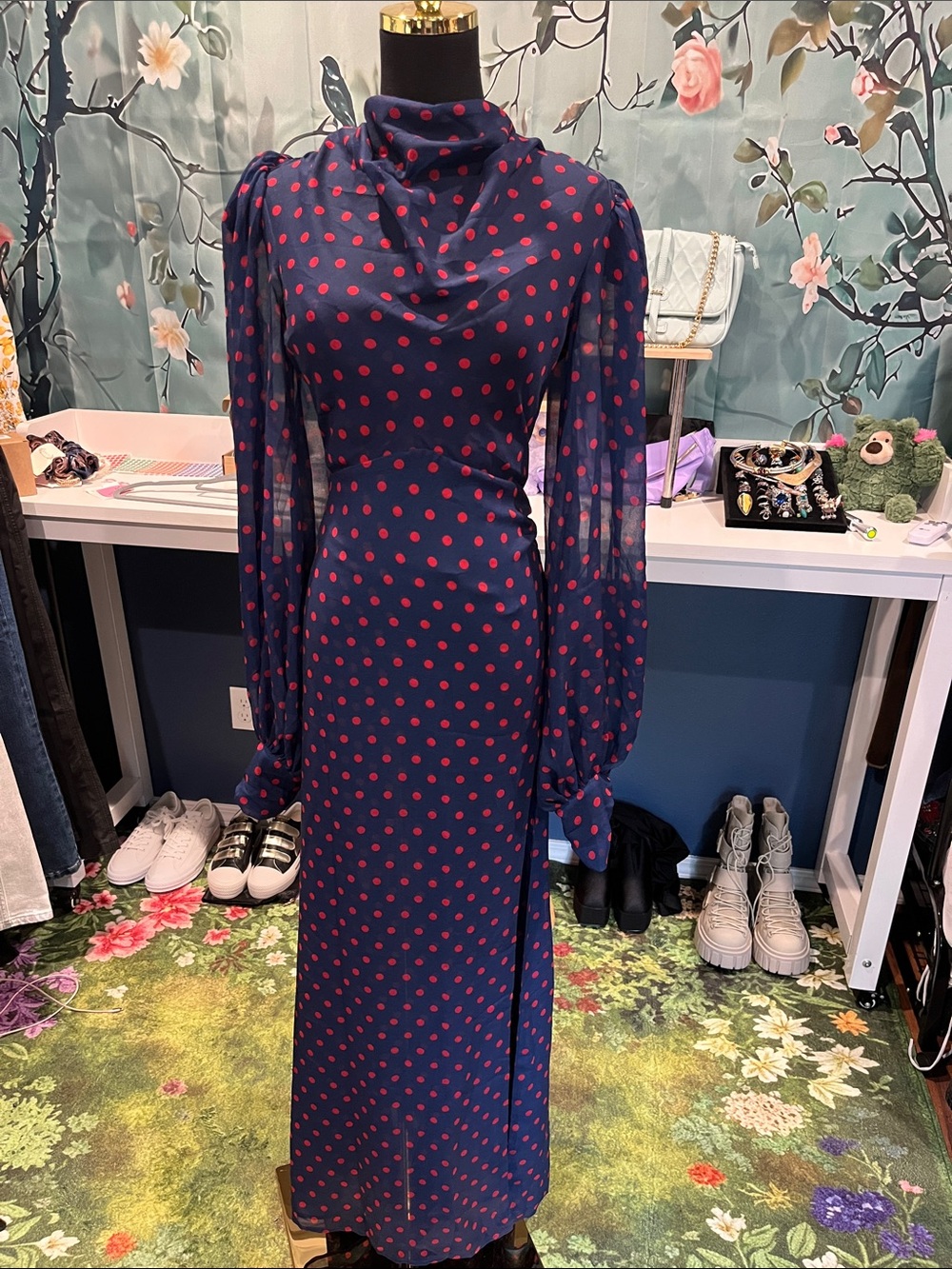 For Love and Lemons Open Back Navy Blue Maxi Dress with Red Polka Dots